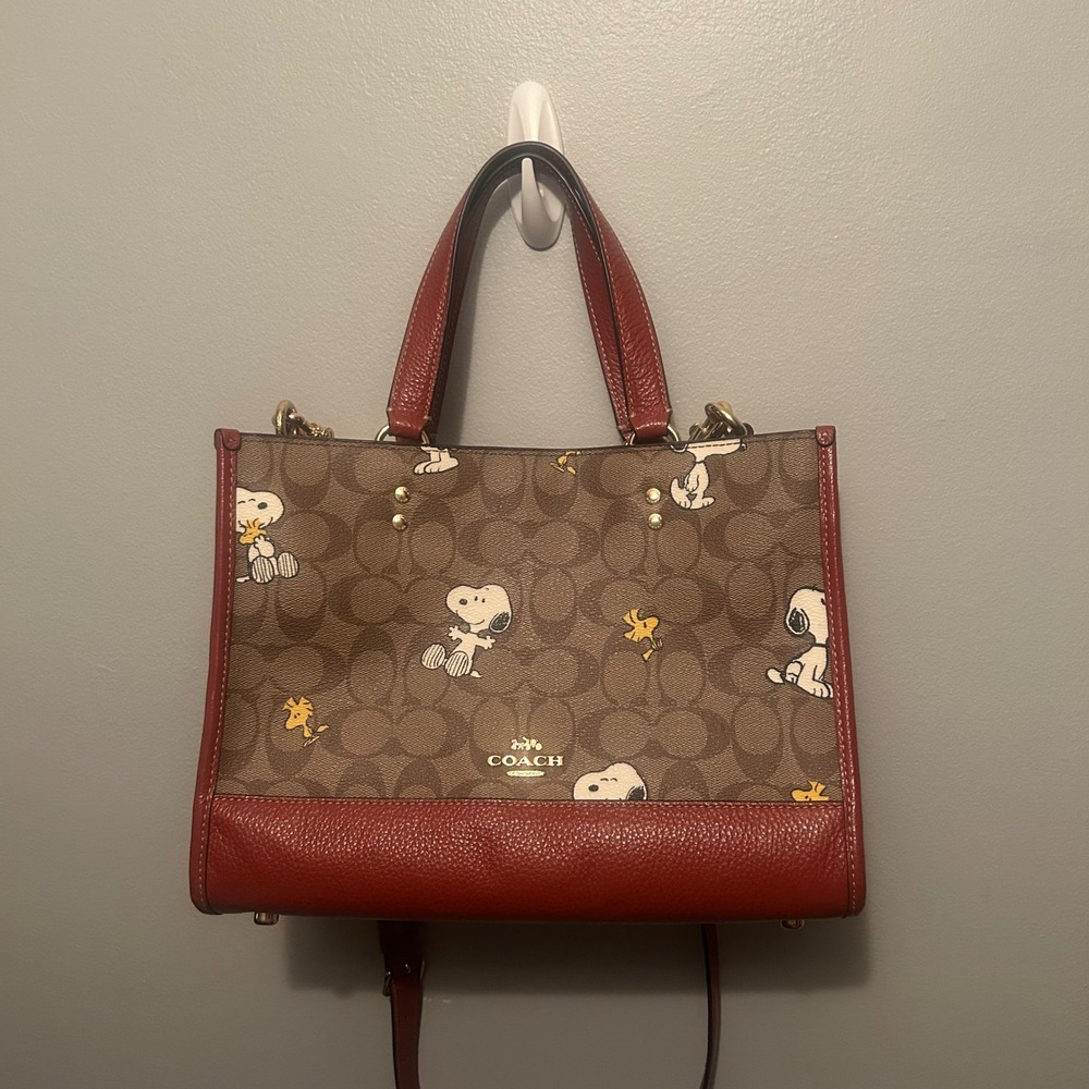 Coach Dempsey Carryall 29 Women Brown Red Peanuts Snoopy Signature CE852 B98